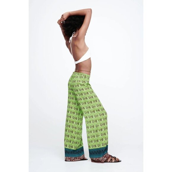 NWOT Zara green & multicolour abstract floral print high waist wide leg pants, S - Picture 3 of 14